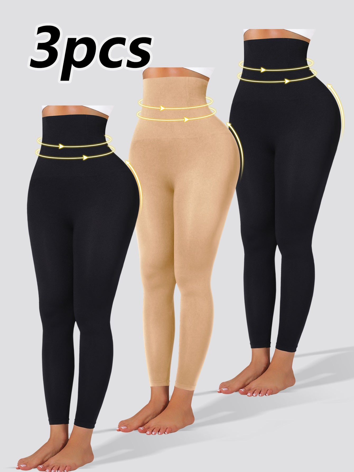 3pcs Women's High-Waisted Yoga Leggings - Tummy Control Butt Lifting 7/8 Length Pants with Golden Sequin Waistband, High-Stretch Non-See-Through Fabric for Workouts & Casual Wear (Black)